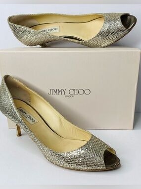 Jimmy Choo “Isabel” Metallic Champagne Peep-Toe Pumps. Authentic. 2.5 inch heels